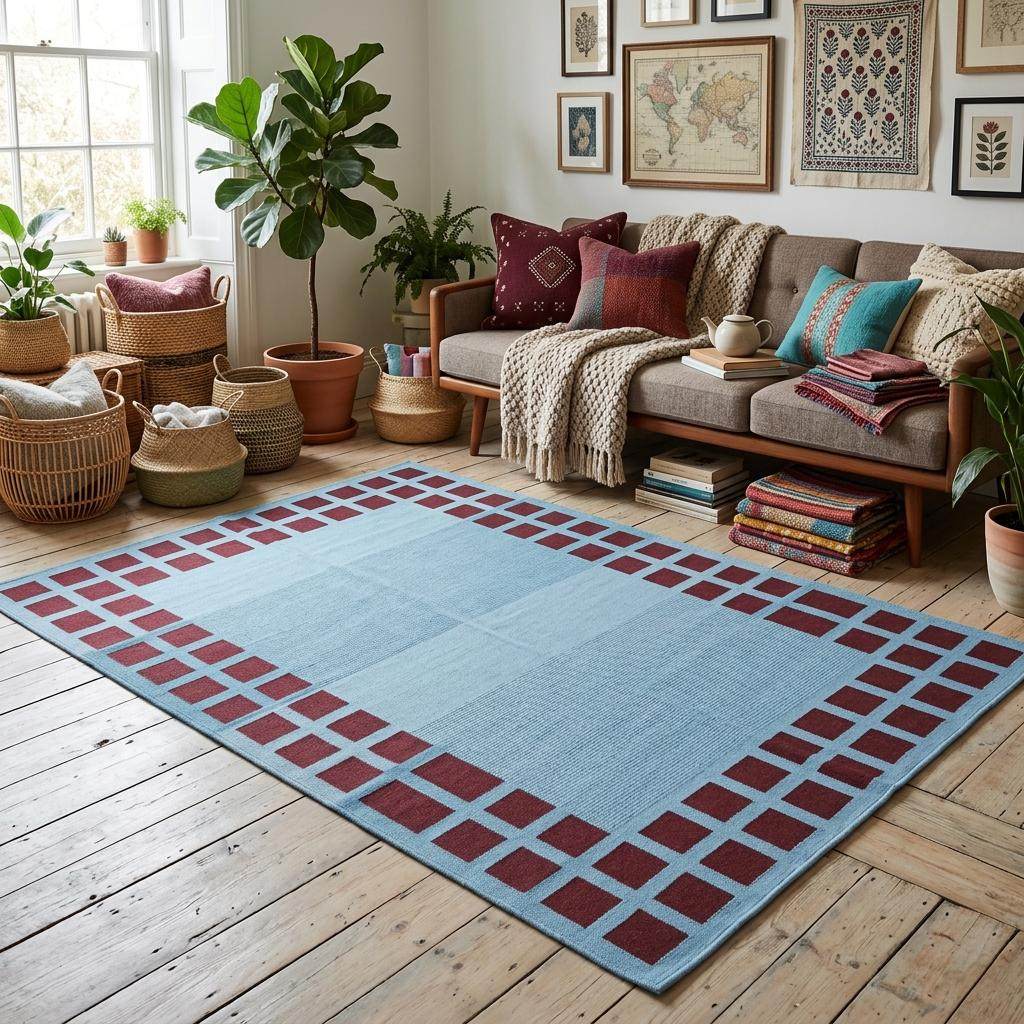 Handwoven sky blue dhurrie rug with maroon square border flatweave wool design