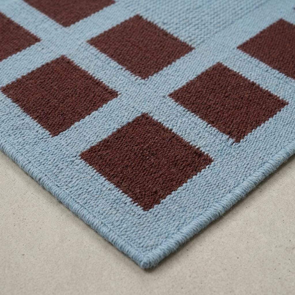 Handwoven sky blue dhurrie rug with maroon square border flatweave design