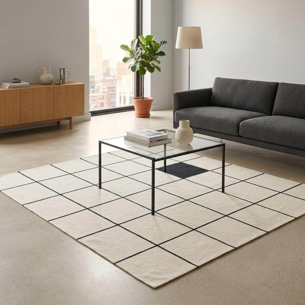 Ivory and charcoal grid flatweave wool rug with windowpane pattern for modern minimalist living room