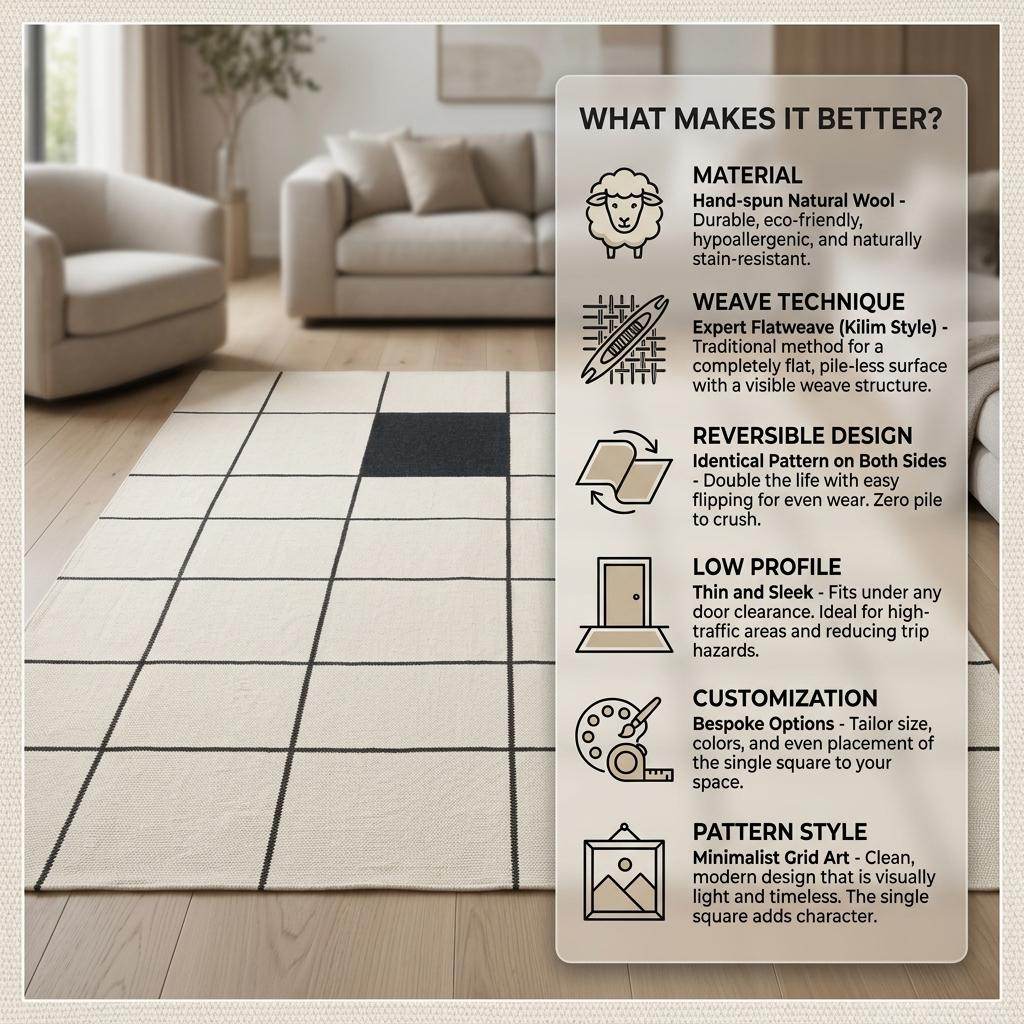 Ivory and charcoal grid flatweave wool rug with clean windowpane pattern for minimalist living room