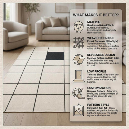 Ivory and charcoal grid flatweave wool rug with clean windowpane pattern for minimalist living room