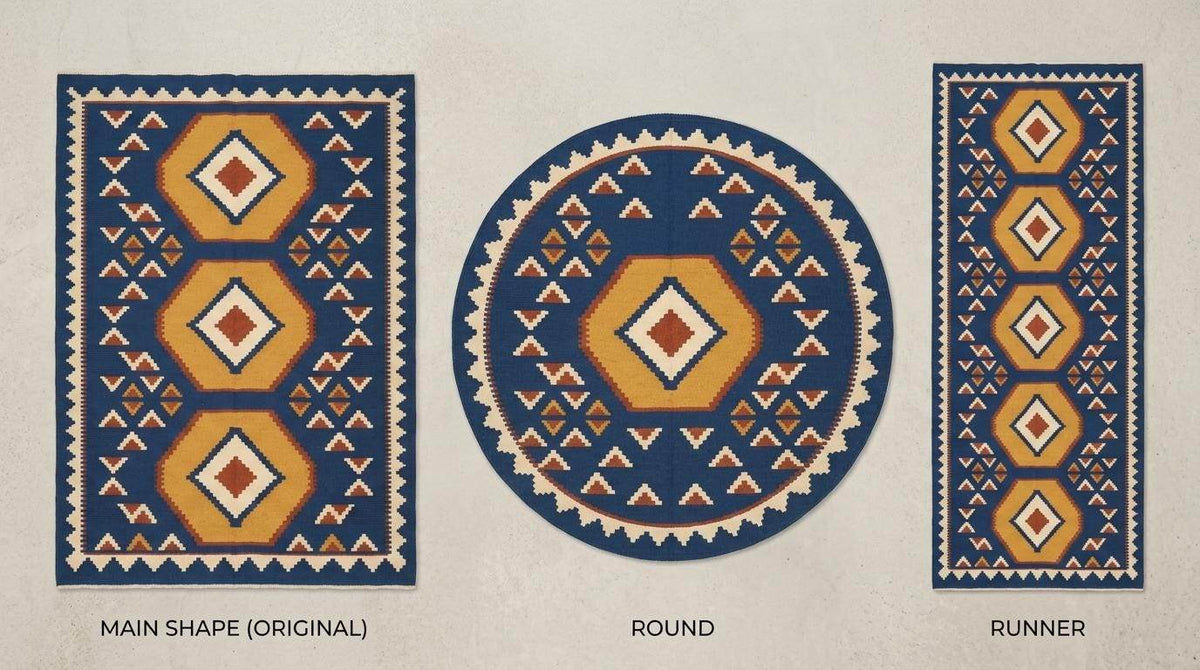 Handwoven blue kilim rug with golden hexagon medallions and serrated ivory border flatweave design