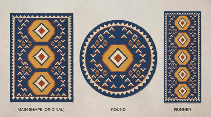 Handwoven blue kilim rug with golden hexagon medallions and serrated ivory border flatweave design