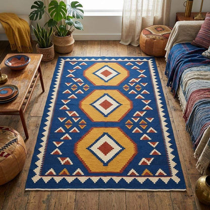 Handwoven blue kilim rug with golden hexagon medallions and ivory serrated border flatweave design