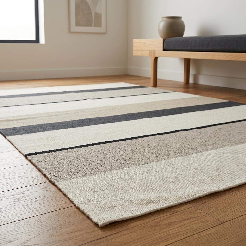 Ivory black striped flatweave wool area rug in neutral tones, handwoven Scandinavian dhurrie style