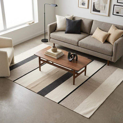 Ivory black striped flatweave wool rug in neutral tones, handwoven Scandinavian modern dhurrie
