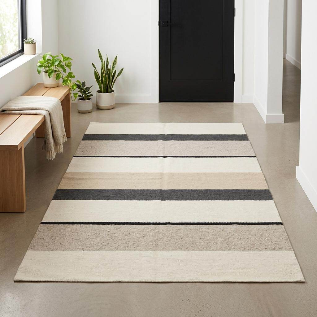 Ivory black striped flatweave wool rug with handwoven Scandinavian modern design for bedroom