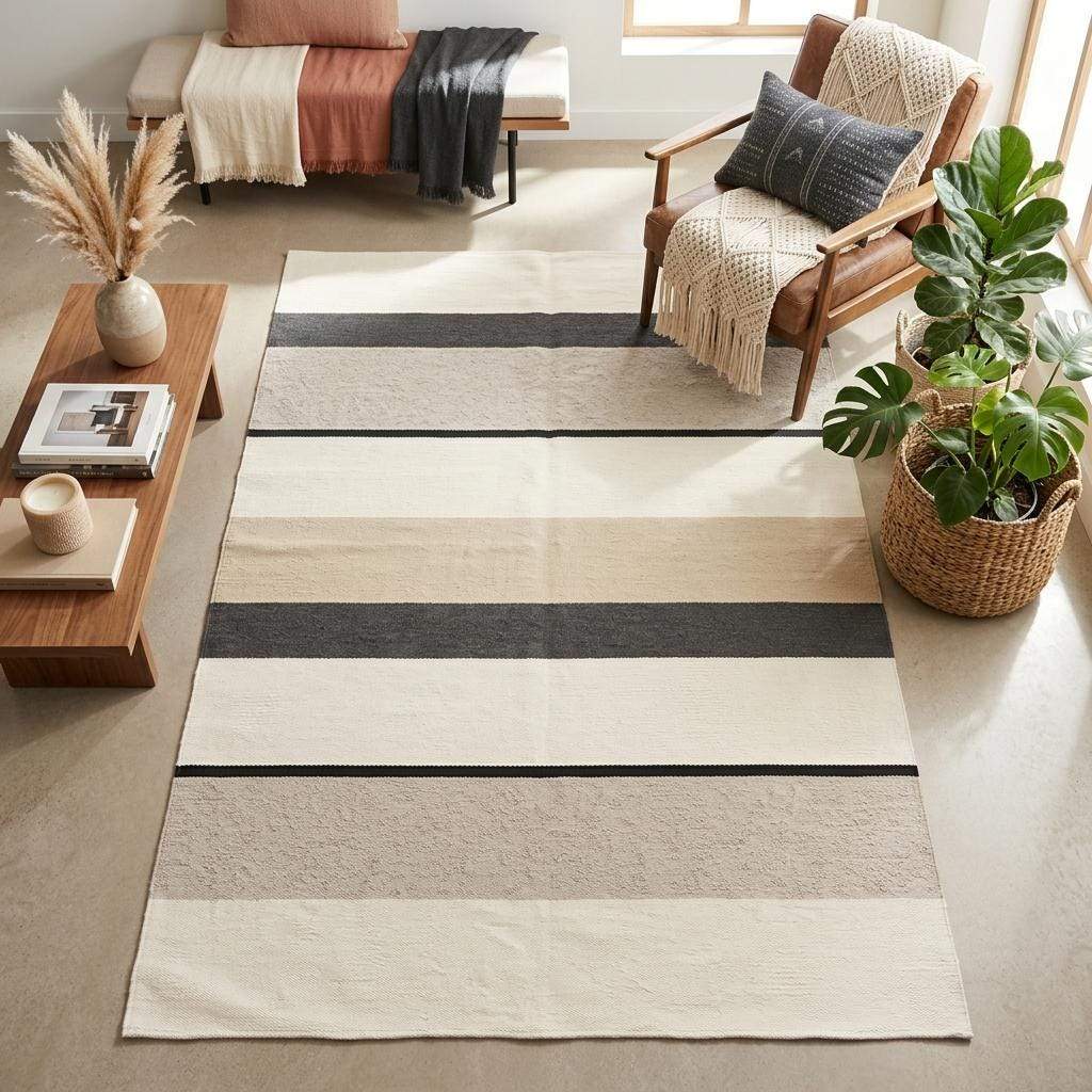Ivory black striped flatweave wool area rug with handwoven stripes in neutral tones