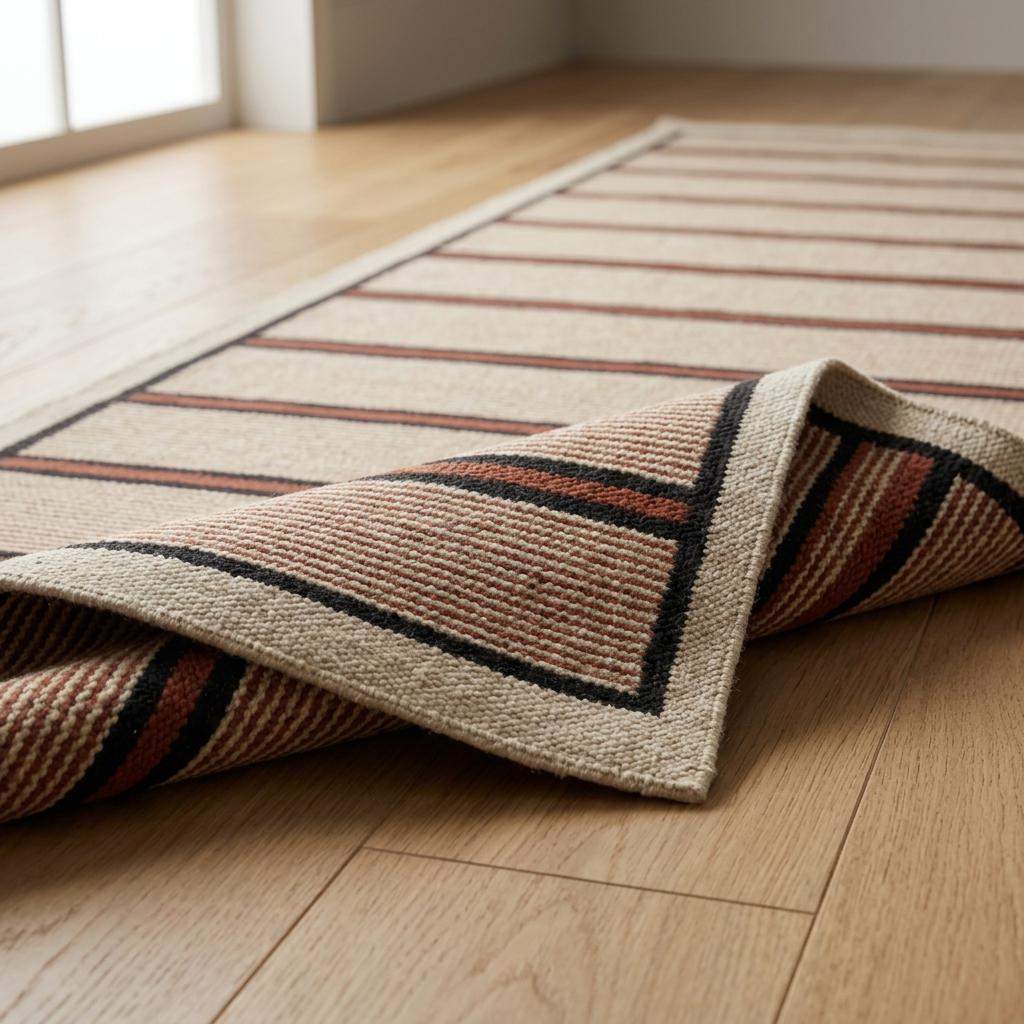 Handwoven wool flatweave runner rug in ivory with navy and rust stripes for kitchen or hallway
