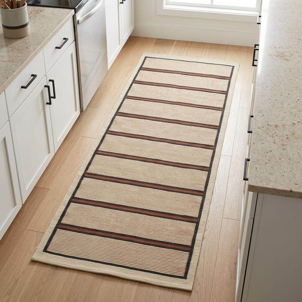 Wool flatweave runner rug with ivory, navy, and rust stripes in kitchen hallway setting