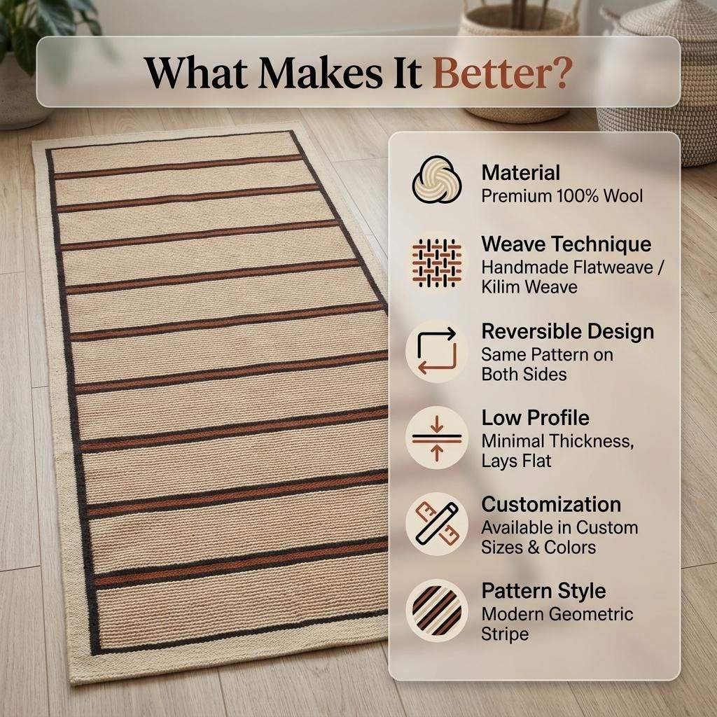 Handwoven wool flatweave runner rug with ivory, navy, and rust stripes for kitchen or hallway use