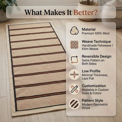 Handwoven wool flatweave runner rug with ivory, navy, and rust stripes for kitchen or hallway use