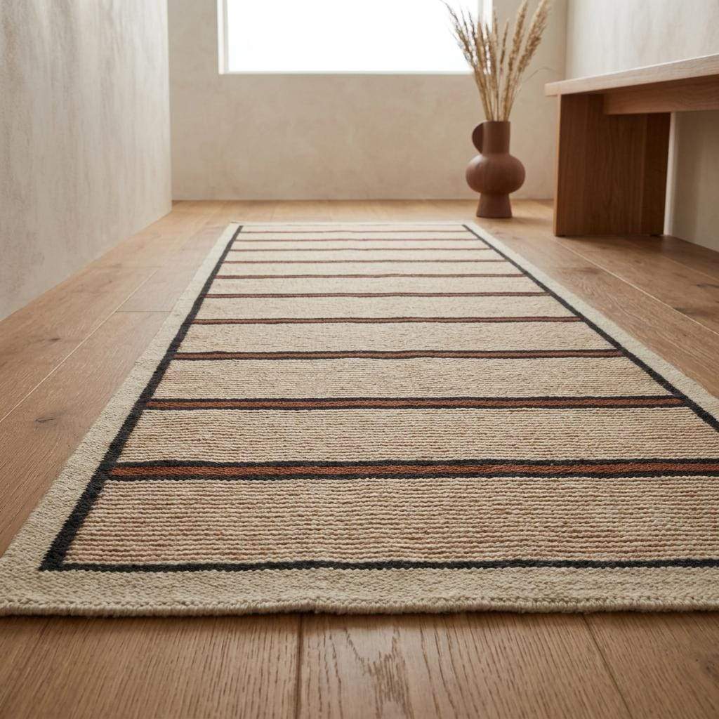 Handwoven wool flatweave runner rug in ivory with navy and rust stripes for kitchen or hallway