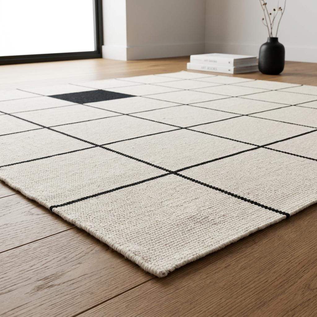Ivory and charcoal grid flatweave wool rug with windowpane pattern in modern living room
