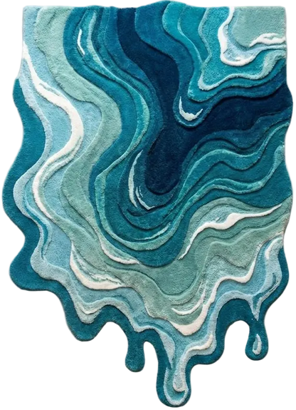 Irregular Shaped Melting Rug, Hand Tufted Blue Abstract Swirl Modern Art Carpet