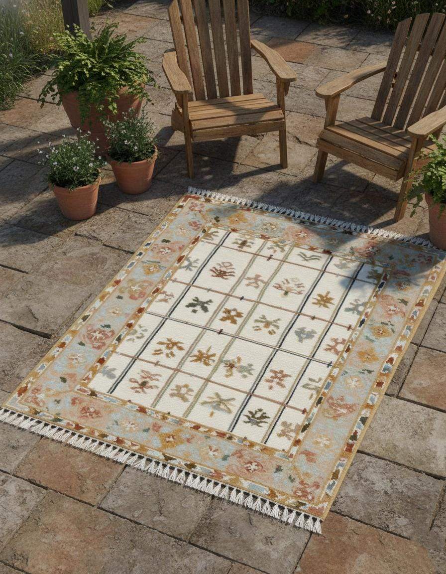 Ivory grid floral area rug with pastel border, stylized floral sprigs, and fringed edges on stone floor