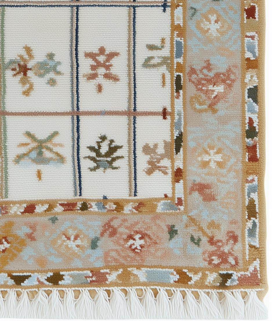 Ivory grid floral area rug with pastel floral border and fringed edges on stone floor