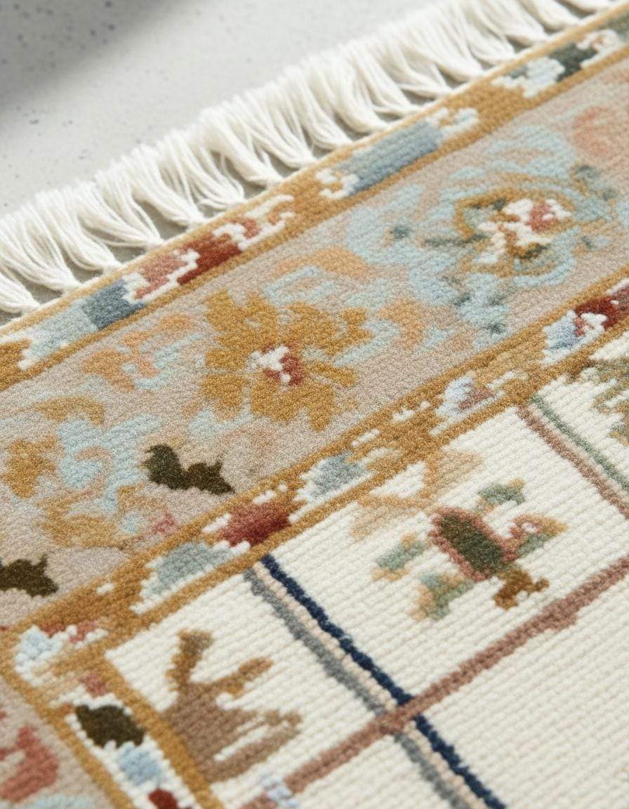 Ivory grid floral area rug with pastel floral border and fringed edges on stone floor