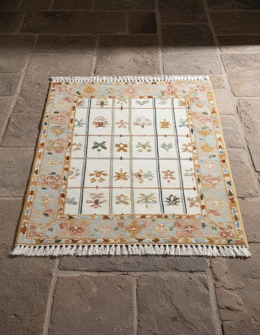 Ivory grid floral area rug with pastel border and fringe on stone floor