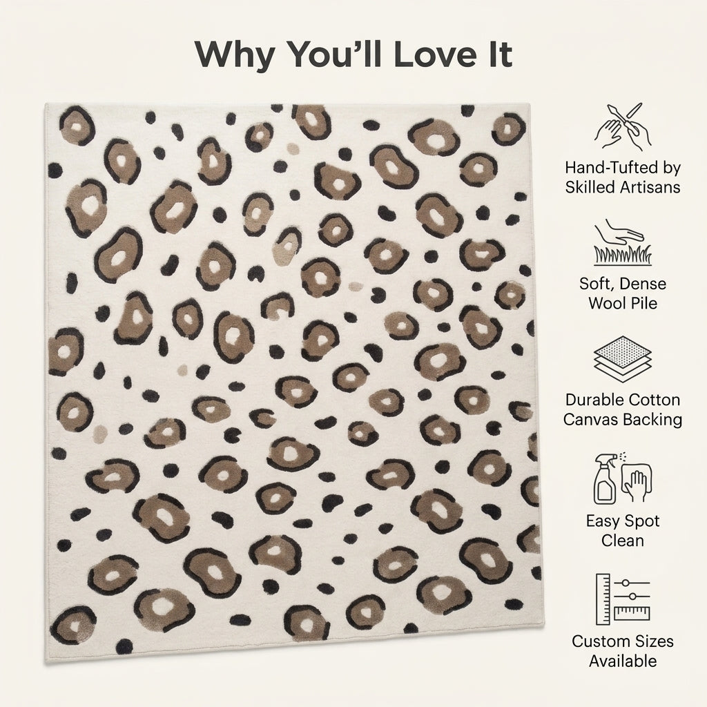 Ivory Leopard Rug with a creamy ivory ground, taupe and charcoal animal spots, and a soft dense wool pile