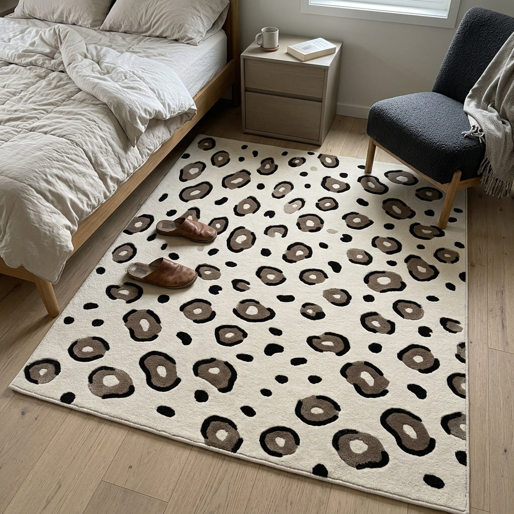 Ivory Leopard Rug with a creamy ivory ground, taupe and charcoal rosette spots, and a plush sculpted pile