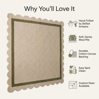Hand-tufted Ivory & Olive Lattice wool rug in ivory and olive, with carved diamonds and a scalloped edge.