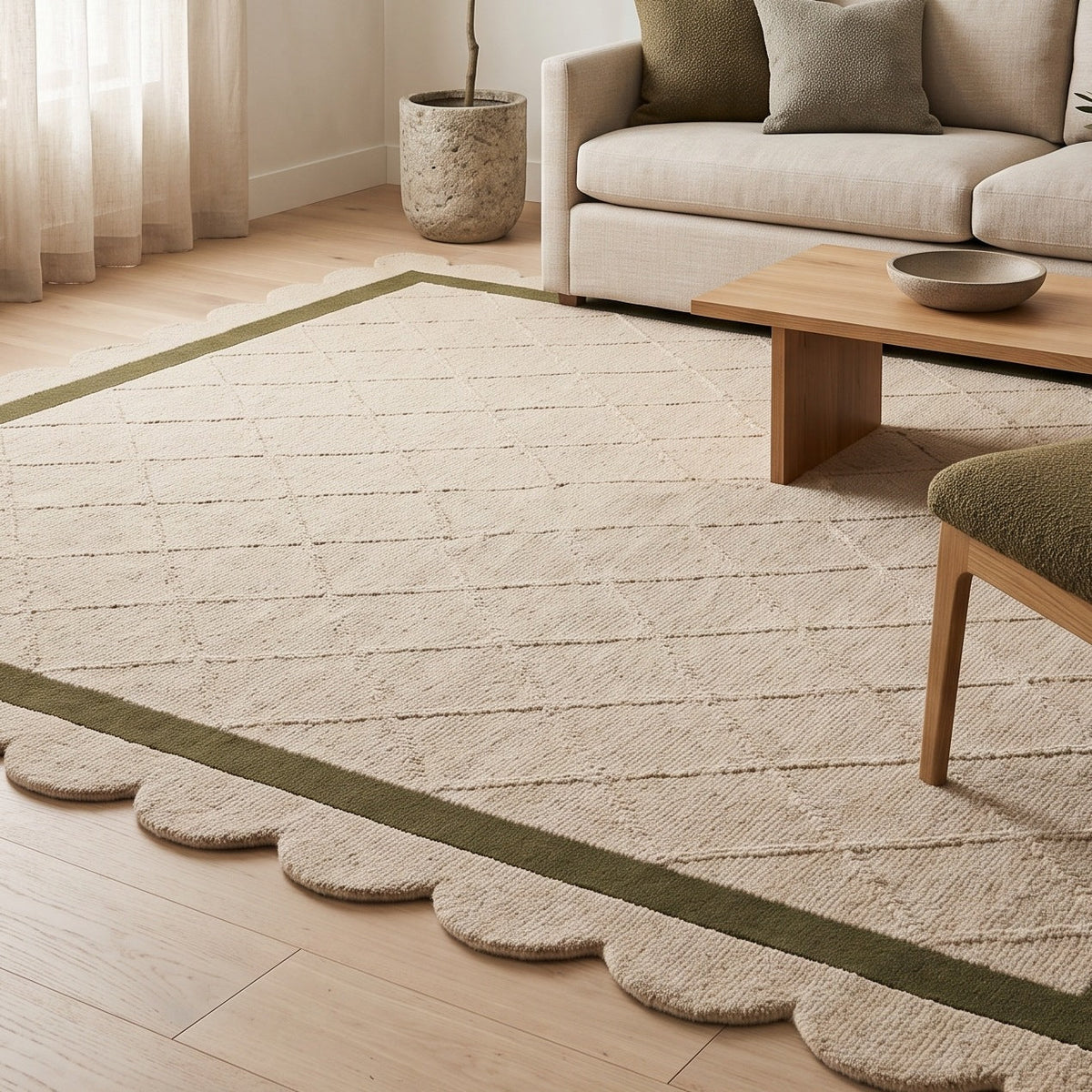 Wool rug in Ivory & Olive Lattice, with a carved ivory diamond pattern, olive border and scalloped edge.