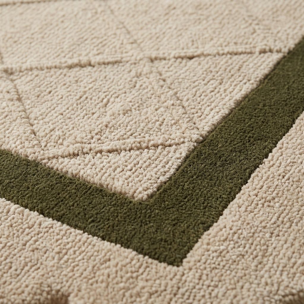 Ivory & Olive Lattice wool rug with a plush, carved ivory diamond pattern and a wide olive green border.