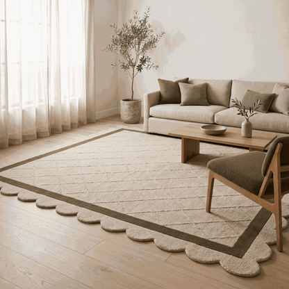 Ivory & Olive Lattice rug in cream wool with carved diamond pattern, olive border and scalloped edges