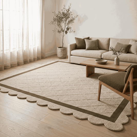 Ivory & Olive Lattice rug in cream wool with carved diamond pattern, olive border and scalloped edges