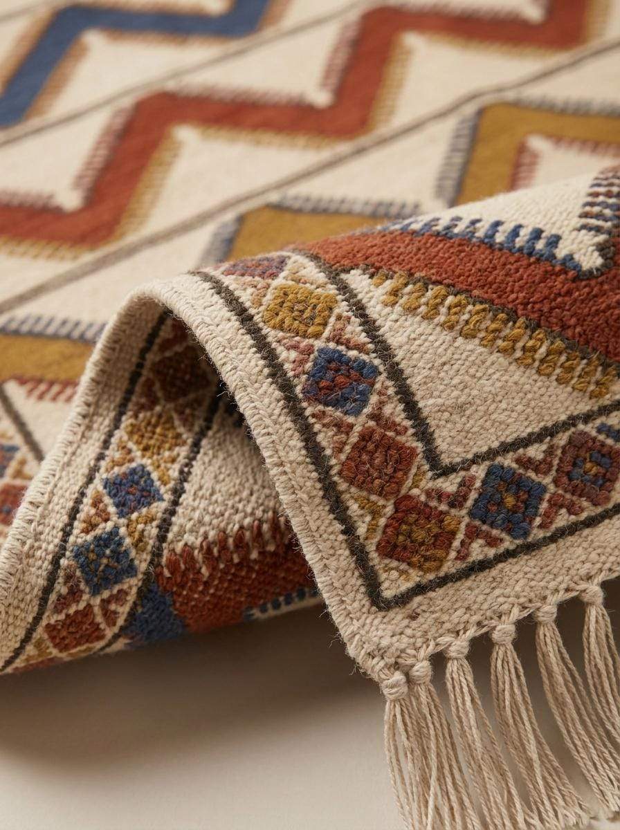 Handwoven ivory rust chevron kilim rug with denim blue accents in a flatweave wool design