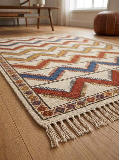 Handwoven ivory rust chevron kilim rug with wool flatweave and diamond border in bohemian living room style