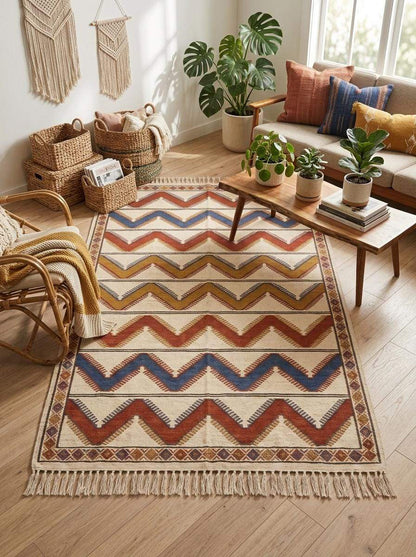 Ivory rust chevron handwoven wool kilim rug flatweave with diamond border