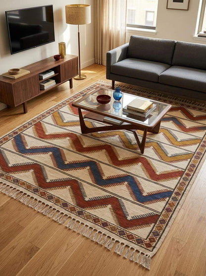 Handwoven ivory rust chevron kilim rug with wool flatweave pattern and cotton tassel fringe