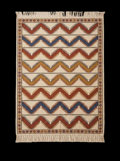 Handwoven ivory rust chevron kilim rug with wool flatweave and diamond border