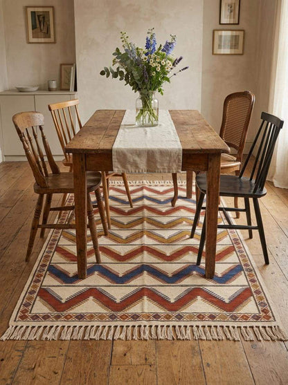 Ivory rust chevron kilim rug handwoven wool flatweave with diamond border and cotton tassels