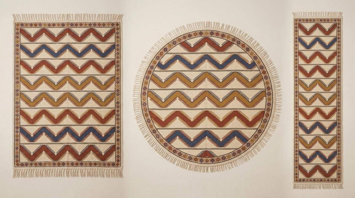 Ivory rust chevron handwoven wool kilim rug flatweave with diamond border in bohemian living room style