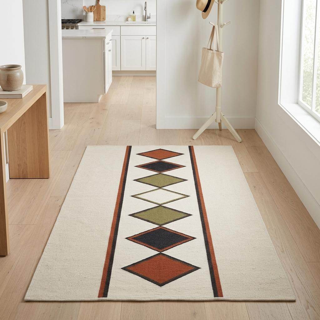 Handwoven ivory wool kilim rug with rust diamond pattern flatweave southwestern decor
