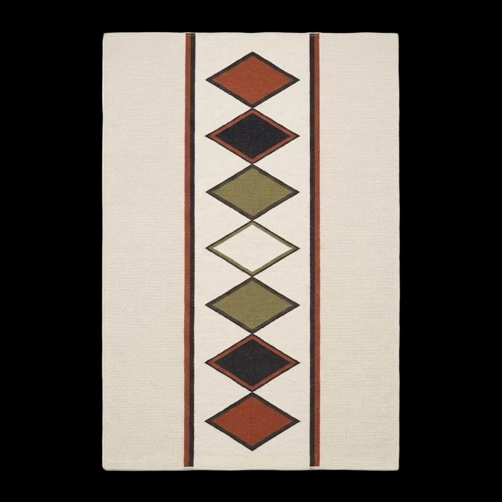Ivory rust diamond kilim rug handwoven wool flatweave with southwestern design on natural ivory background