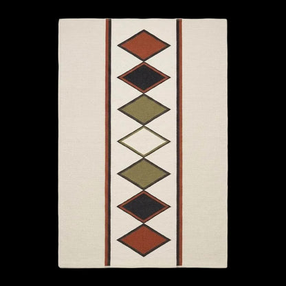Ivory rust diamond kilim rug handwoven wool flatweave with southwestern design on natural ivory background