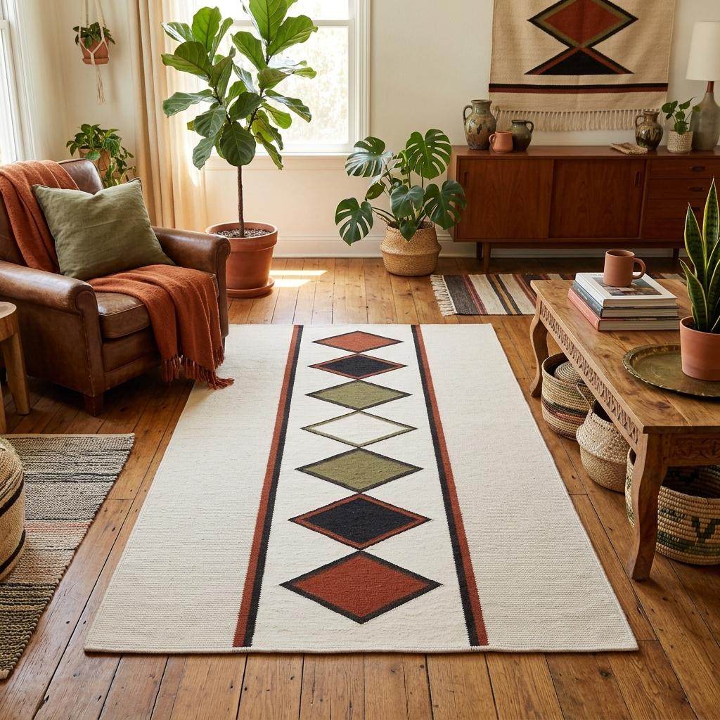 Ivory rust diamond kilim rug handwoven wool flatweave with southwestern design on natural ivory background