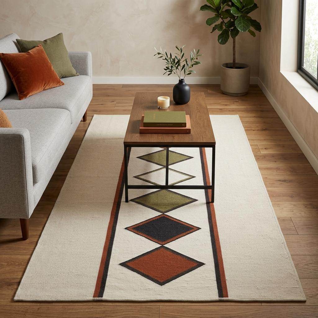 Ivory rust diamond kilim rug handwoven wool flatweave southwestern decor on ivory ground