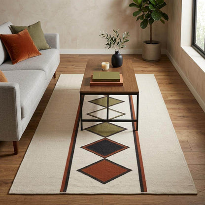 Ivory rust diamond kilim rug handwoven wool flatweave southwestern decor on ivory ground