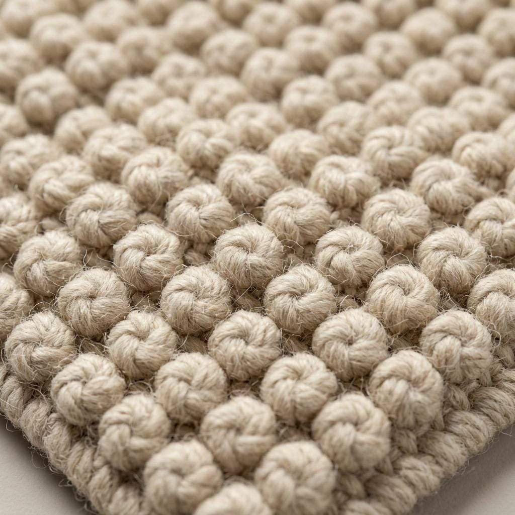 Ivory textured hand-woven wool rug with chunky bobble loop weave for neutral living room decor
