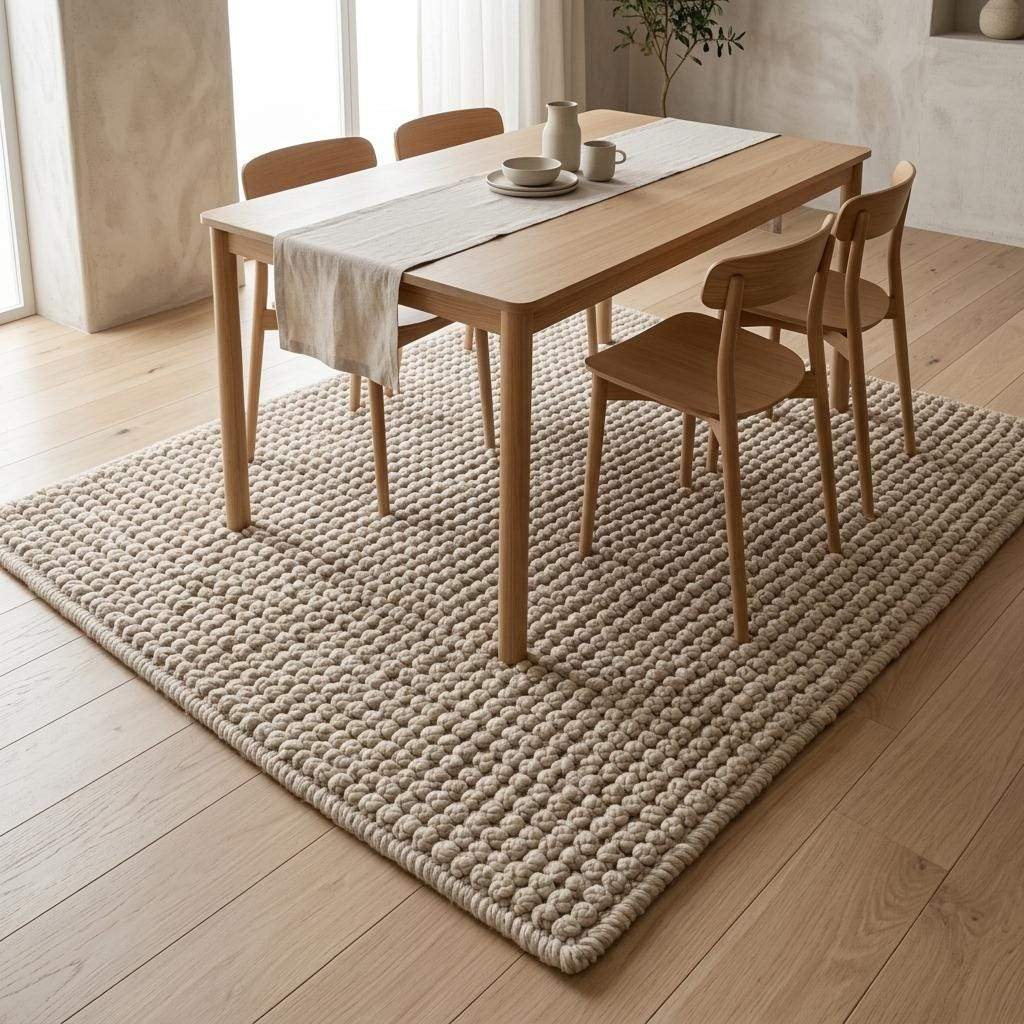 Ivory textured wool rug hand-woven with chunky bobble loops in neutral living room decor