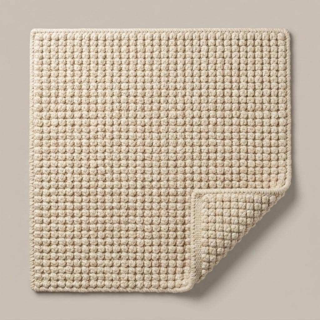 Ivory textured hand-woven wool rug with chunky bobble loop weave in neutral living room setting