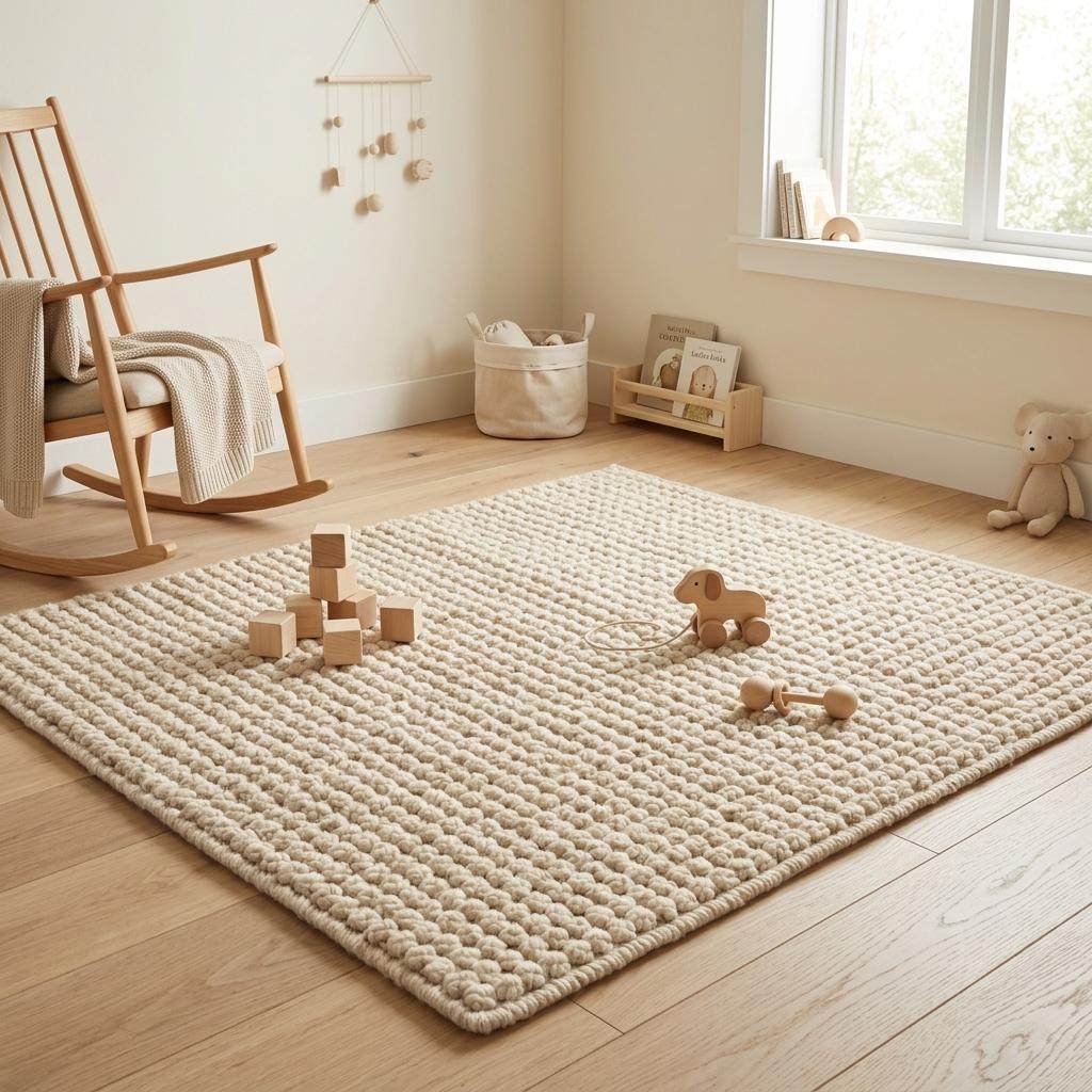 Ivory textured hand-woven wool rug with chunky bobble loops for neutral living room decor