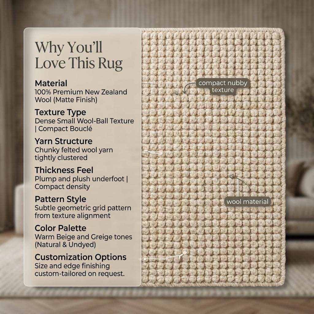 Ivory textured hand-woven wool rug with chunky bobble loop design for neutral living room decor