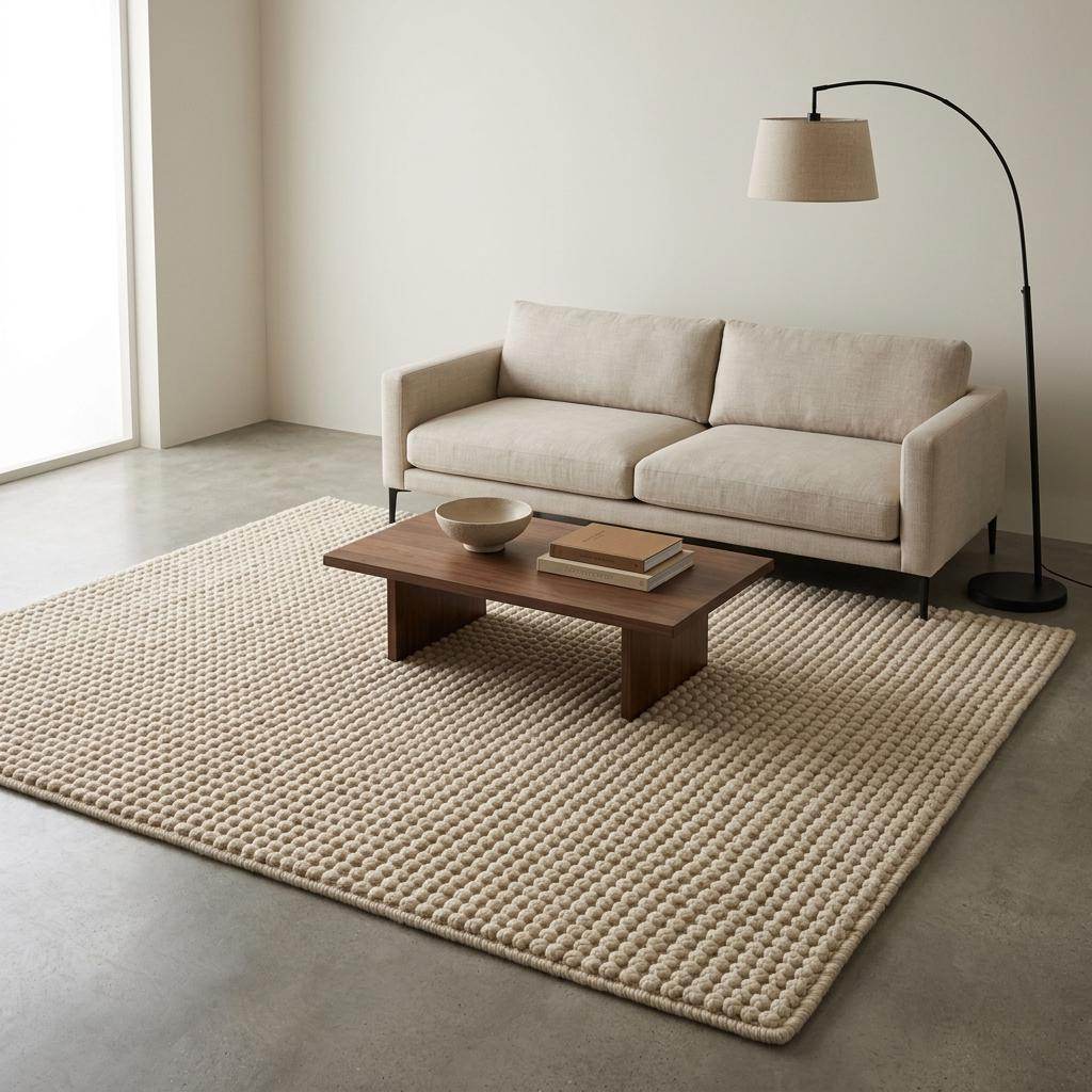 Ivory textured hand-woven wool rug with chunky bobble loop design for living room decor