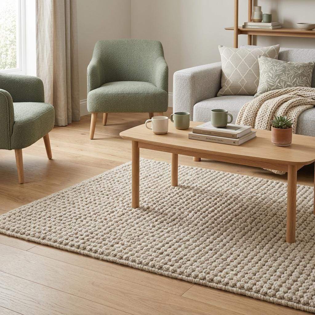 Ivory textured hand-woven wool rug with chunky bobble loop design for neutral living room decor